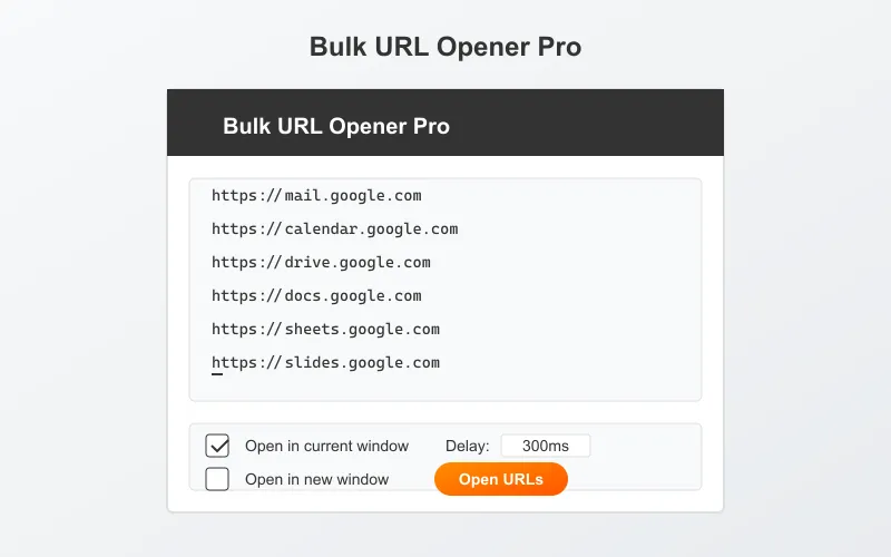 Bulk URL Opener Pro interface with text area for entering multiple URLs