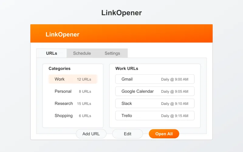 LinkOpener interface showing URL categories and scheduling features