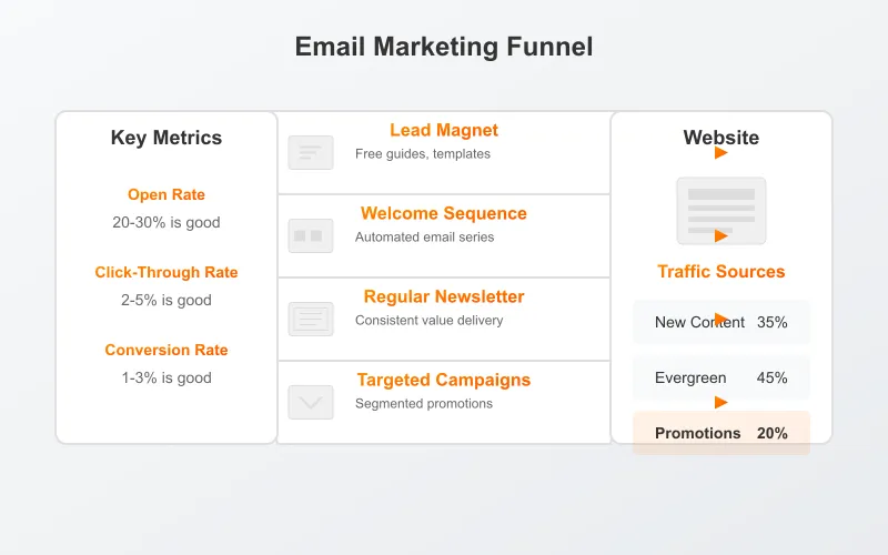 Email marketing funnel showing subscriber journey from signup to conversion