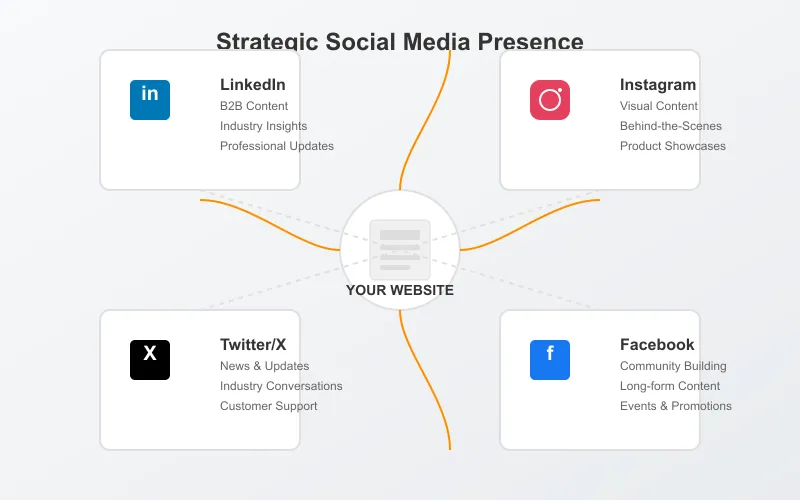 Strategic social media presence showing different platforms and content types for each