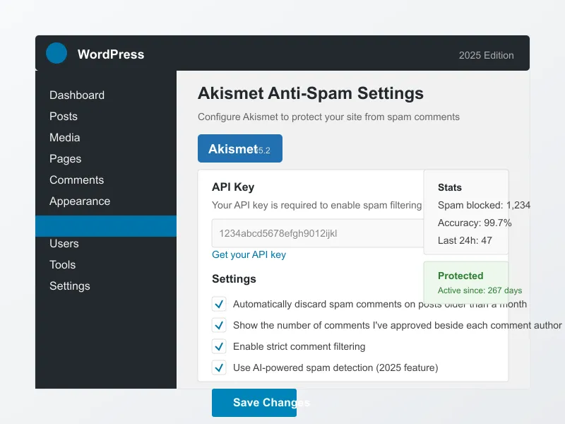 Akismet plugin settings page in WordPress