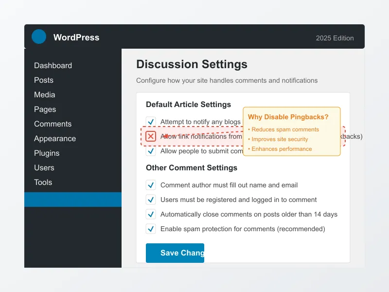 WordPress discussion settings showing pingback options