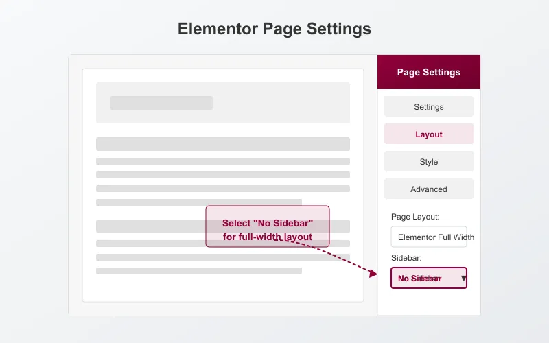 Elementor page settings panel showing layout options for removing sidebar