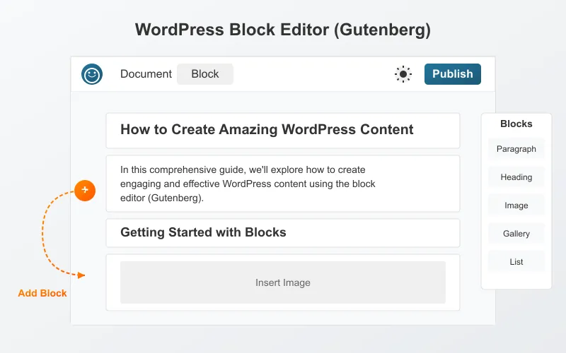 WordPress Gutenberg editor interface showing various content blocks