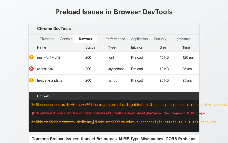 Browser DevTools showing common preload issues including unused preloaded resources and incorrect MIME types