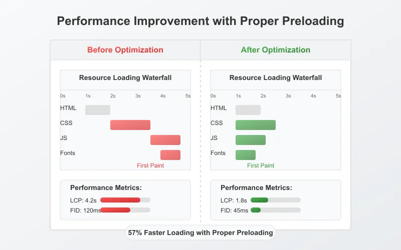 Before and after comparison showing performance improvements from proper preloading implementation