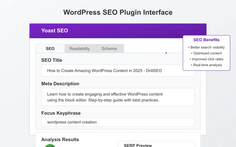WordPress SEO plugin interface showing content analysis and optimization options
