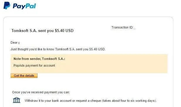 PayPal payment proof of popads.net